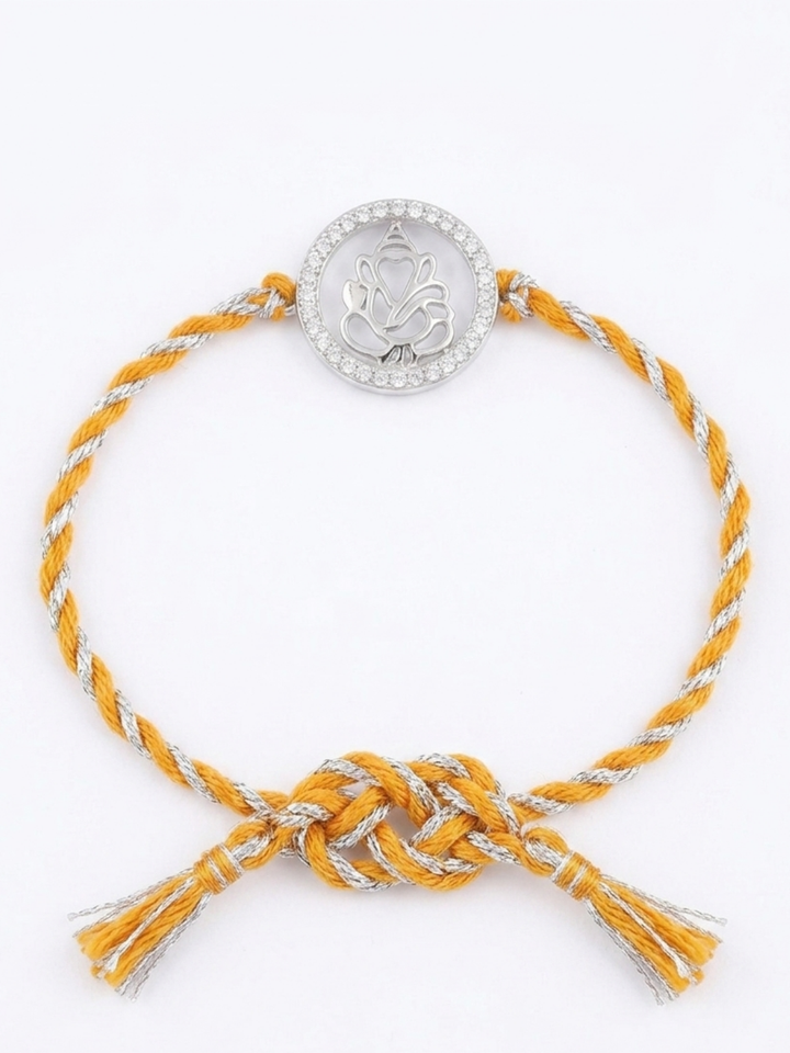 Men 925 Sterling Silver Ganesha Orange Thread Rakhi with Roli Chawal