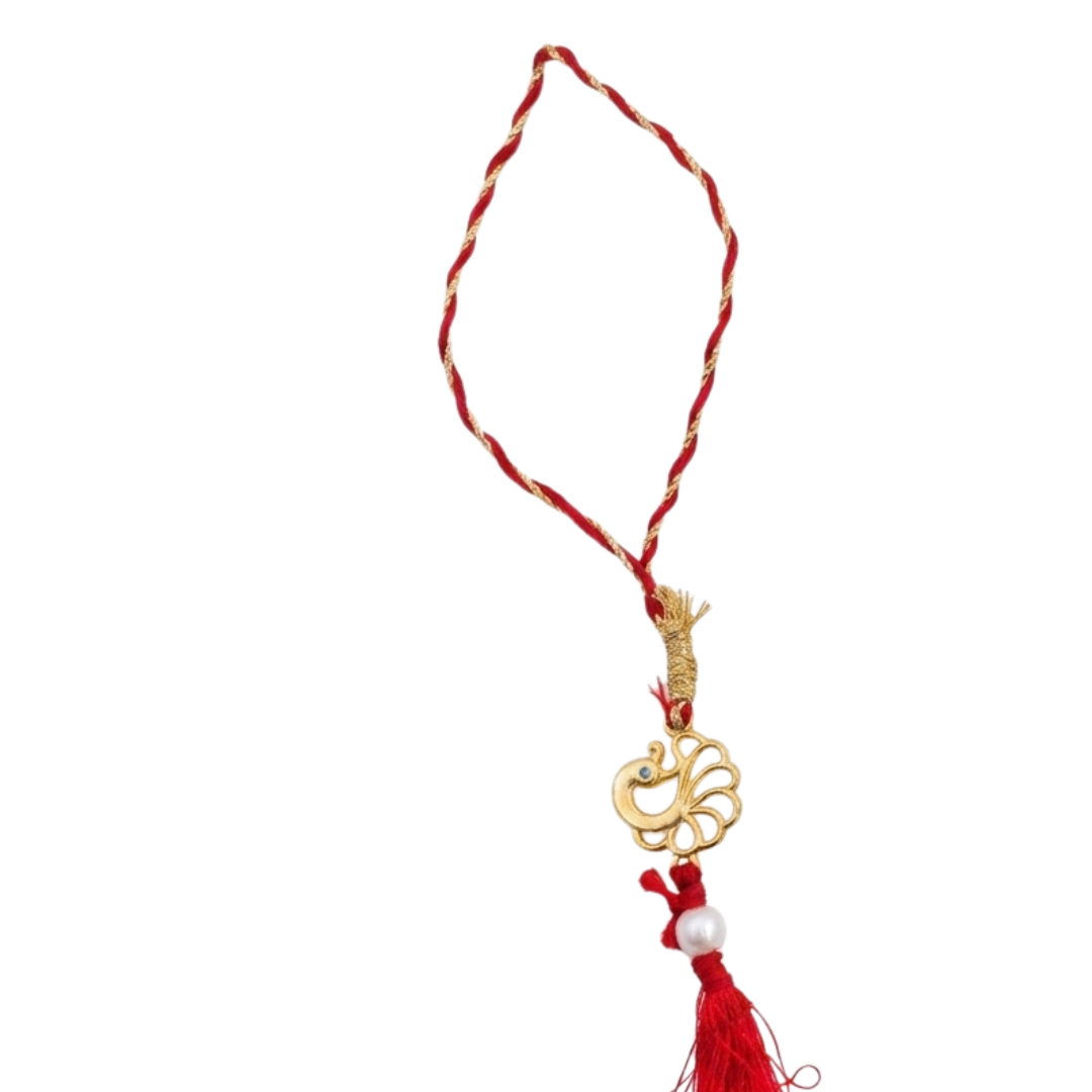 925 Silver 18K Gold Plated Peacock Pearl Lumba Rakhi For Bhabhi