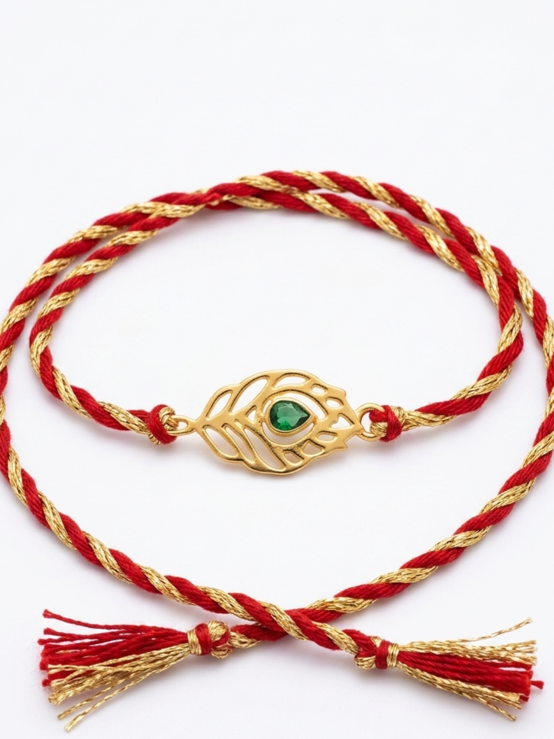 925 Pure Silver 18K Gold Plated Peacock Feather Red Thread Rakhi for Brother with Roli Chawal