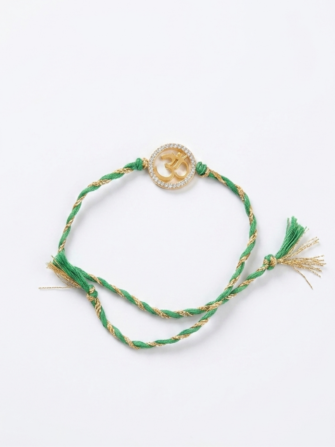 925 Silver 18K Gold Plated Om Green Thread Rakhi for Brother with Roli Chawal