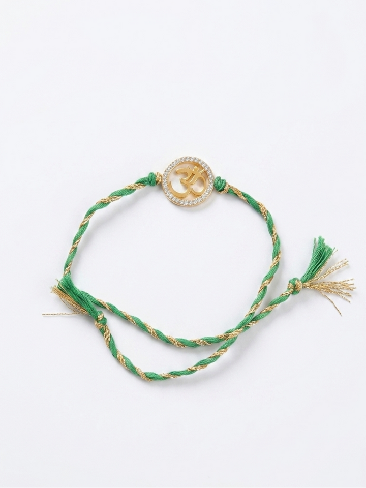 925 Silver 18K Gold Plated Om Green Thread Rakhi for Brother with Roli Chawal