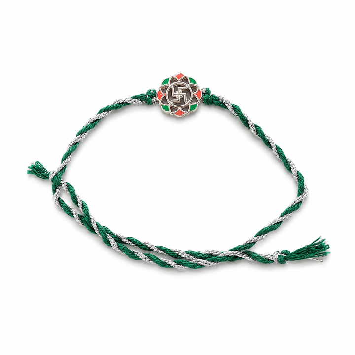 925 Pure Silver Swastik Green Thread Rakhi for Brother with Roli Chawal