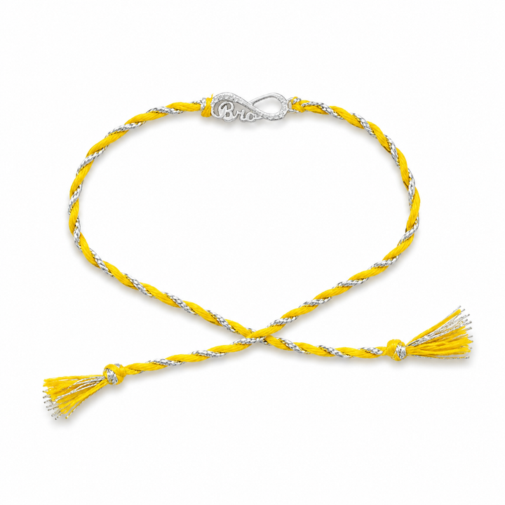 Men 925 Sterling Silver Infinity Bro Yellow Thread Rakhi with Roli Chawal