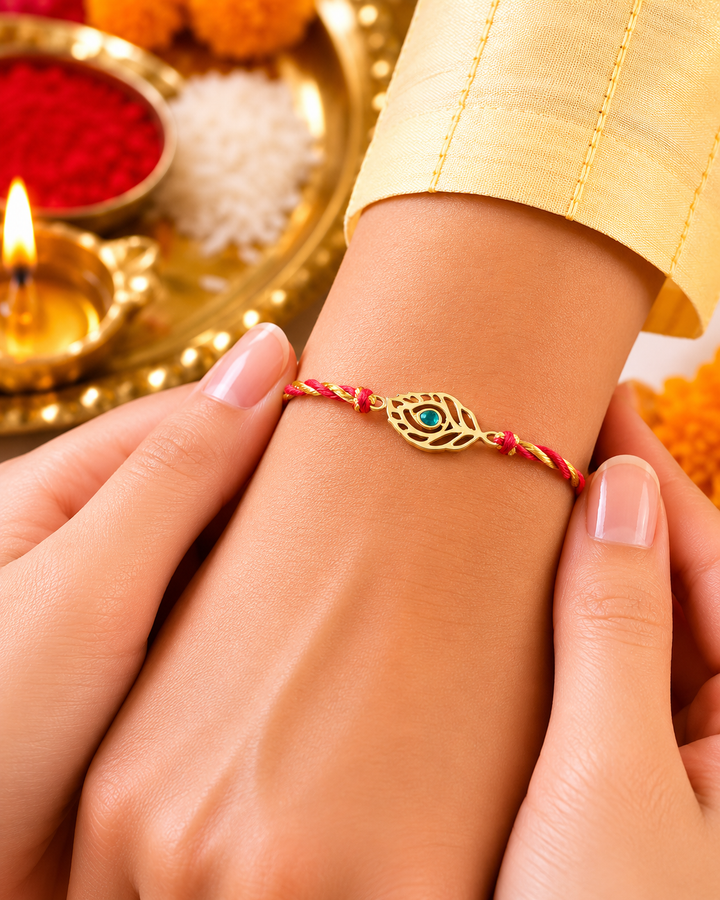 925 Pure Silver 18K Gold Plated Peacock Feather Red Thread Rakhi for Brother with Roli Chawal