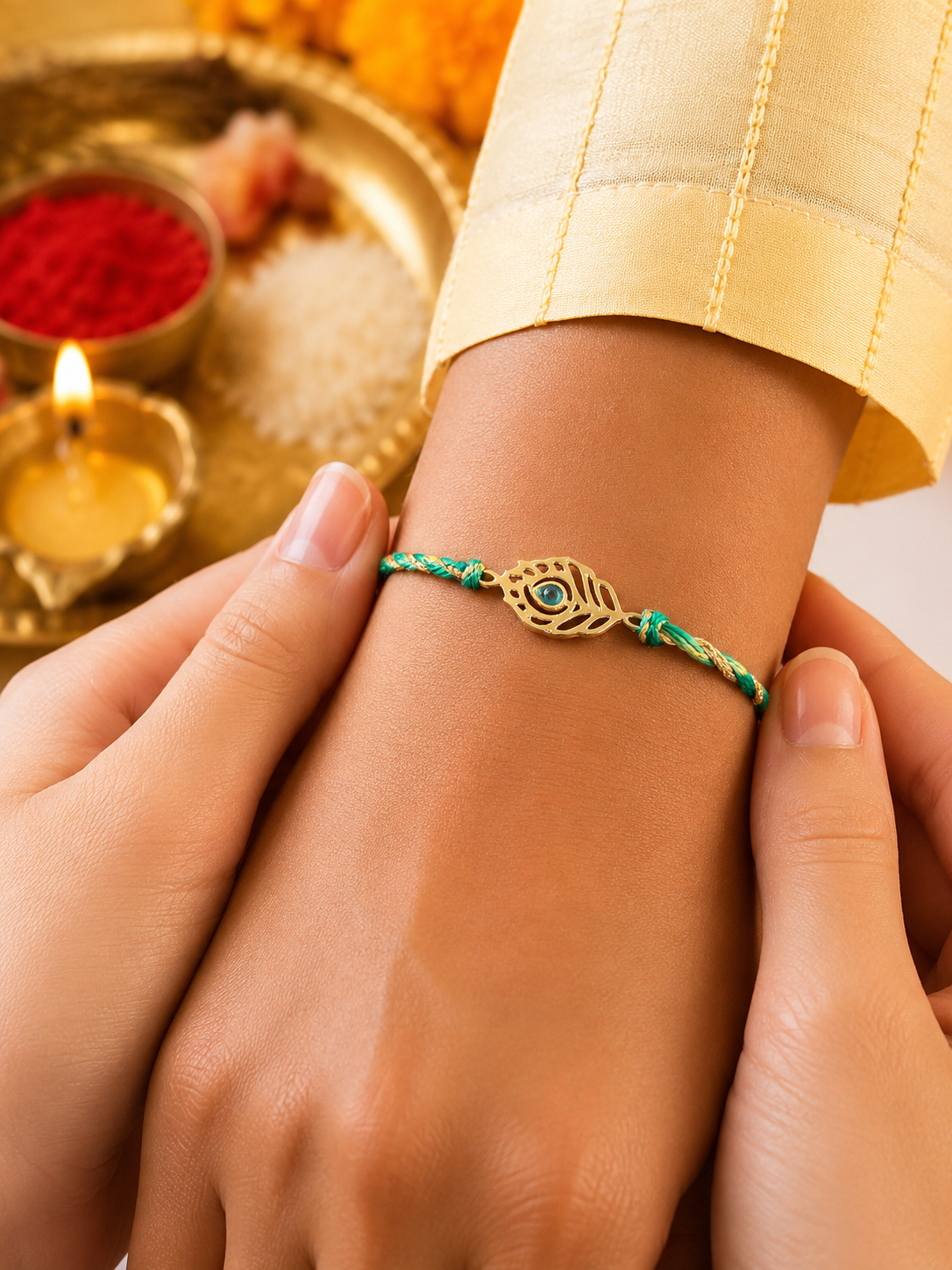 925 Silver 18K Gold Plated Peacock Feather Green Thread Rakhi for Brother with Roli Chawal