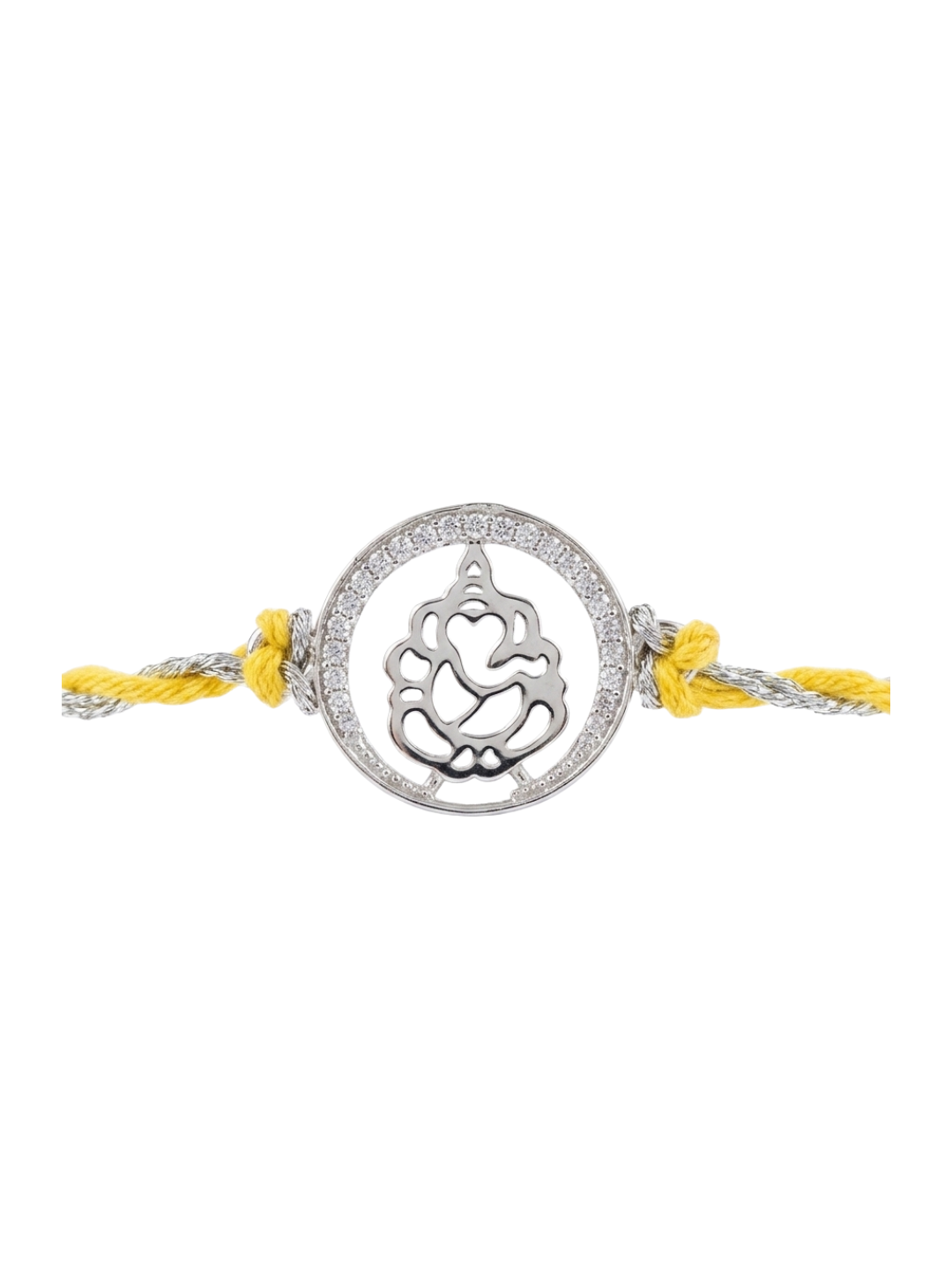 925 Sterling Silver Ganesha Yellow Thread Rakhi for Brother with Roli Chawal