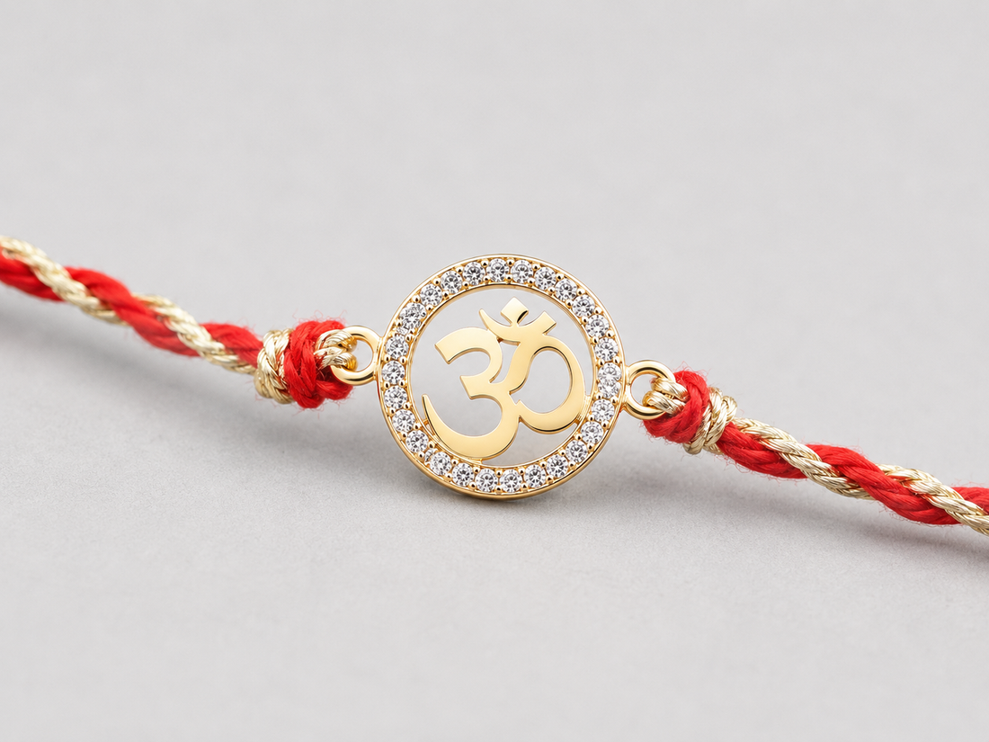 925 Silver 18K Gold Plated Om Red Thread Rakhi for Brother with Roli Chawal