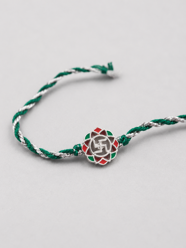 925 Pure Silver Swastik Green Thread Rakhi for Brother with Roli Chawal