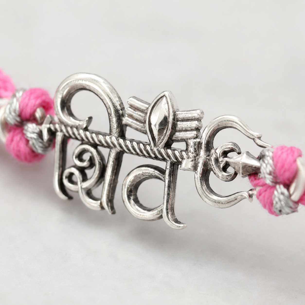 925 Sterling Silver Lord Shiv Pink Thread Rakhi for Brother with Roli Chawal