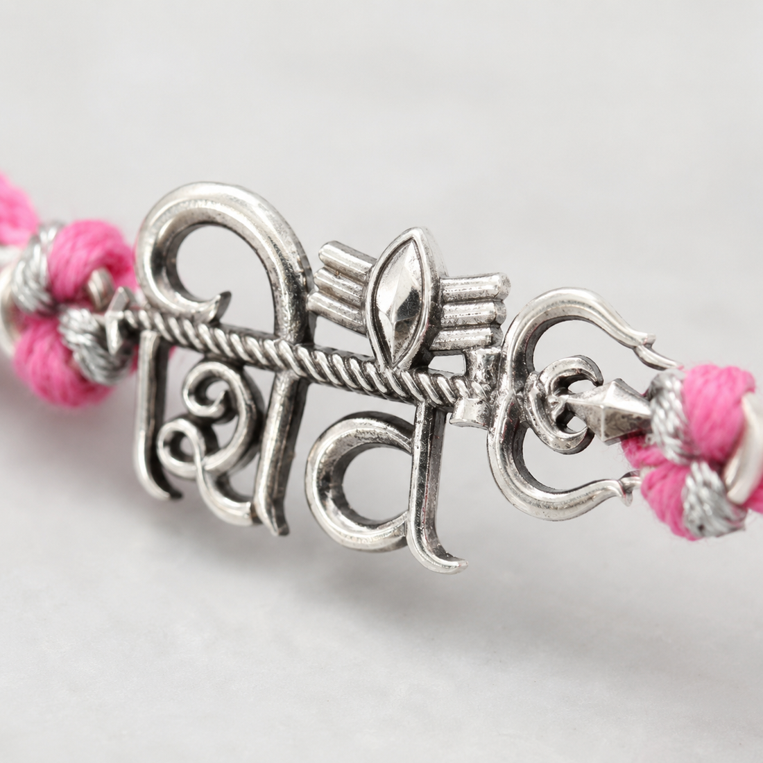925 Sterling Silver Lord Shiv Pink Thread Rakhi for Brother with Roli Chawal