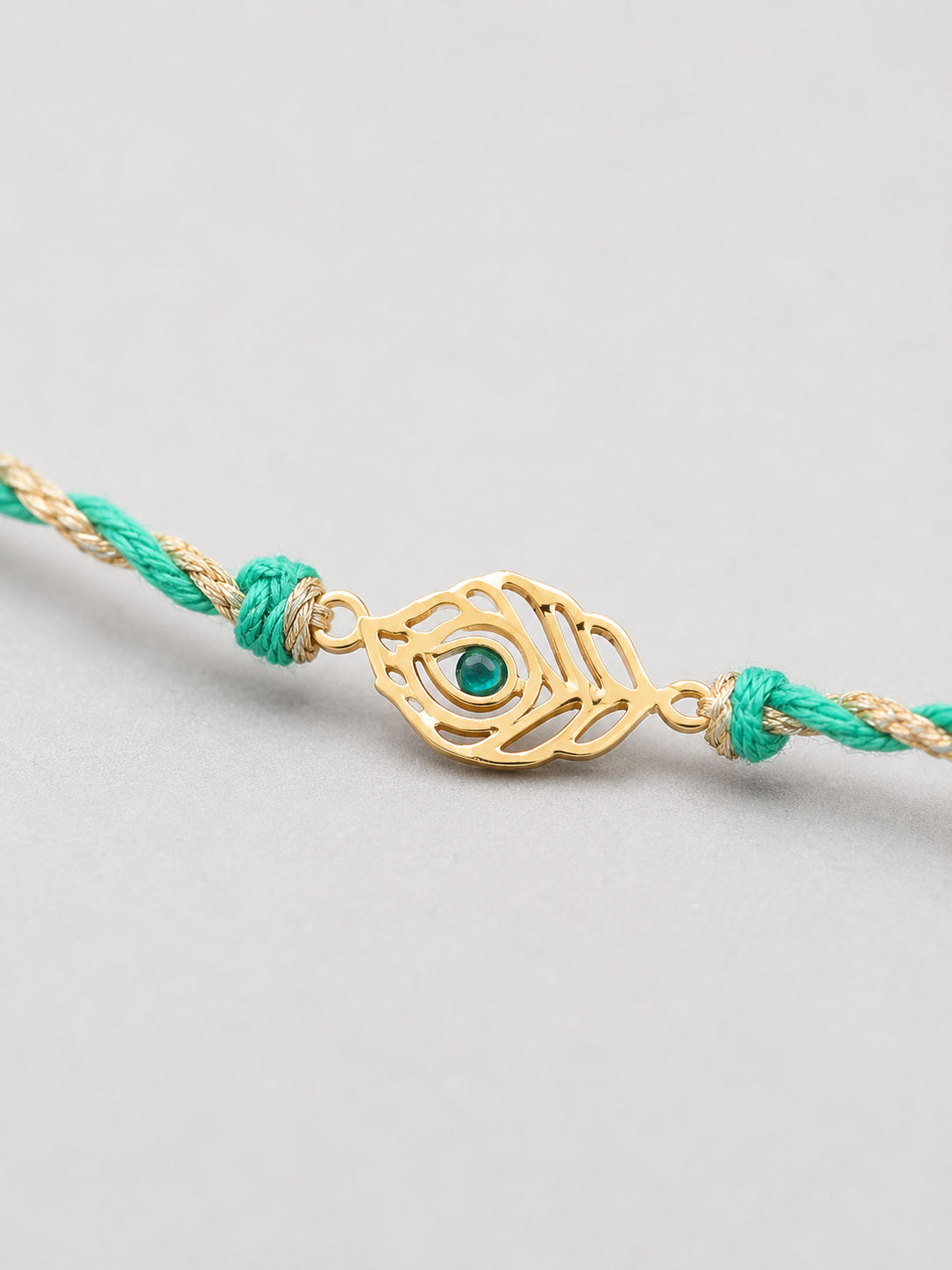 925 Silver 18K Gold Plated Peacock Feather Green Thread Rakhi for Brother with Roli Chawal