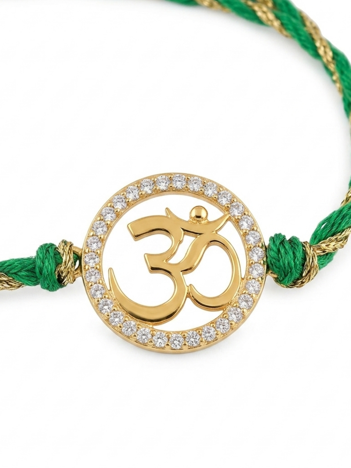925 Silver 18K Gold Plated Om Green Thread Rakhi for Brother with Roli Chawal
