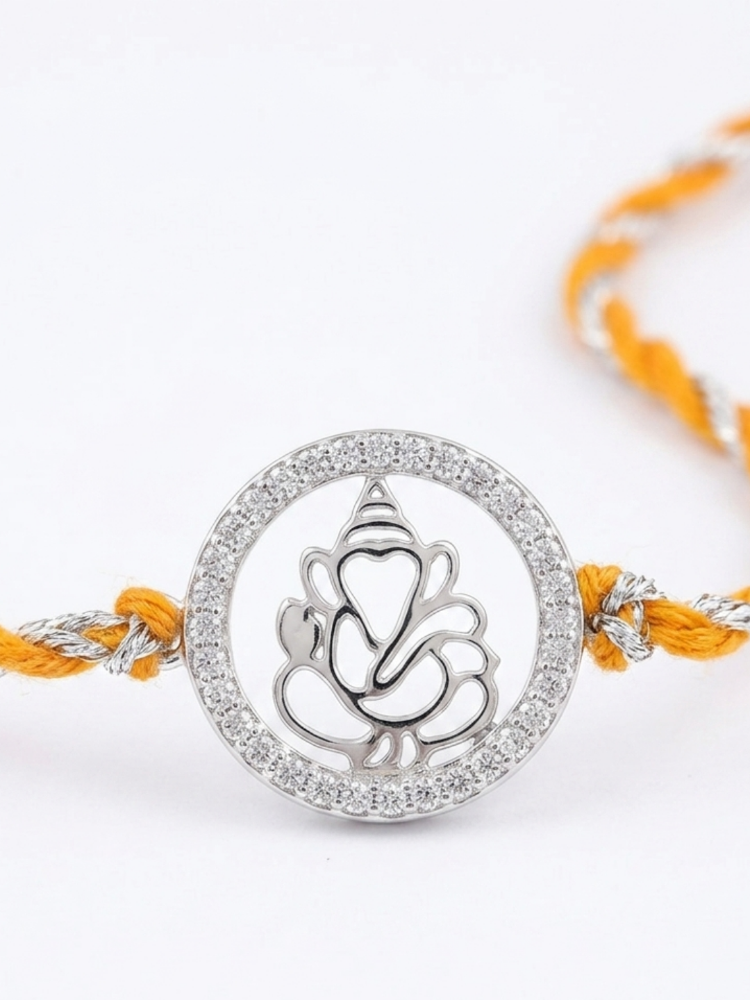 Men 925 Sterling Silver Ganesha Orange Thread Rakhi with Roli Chawal