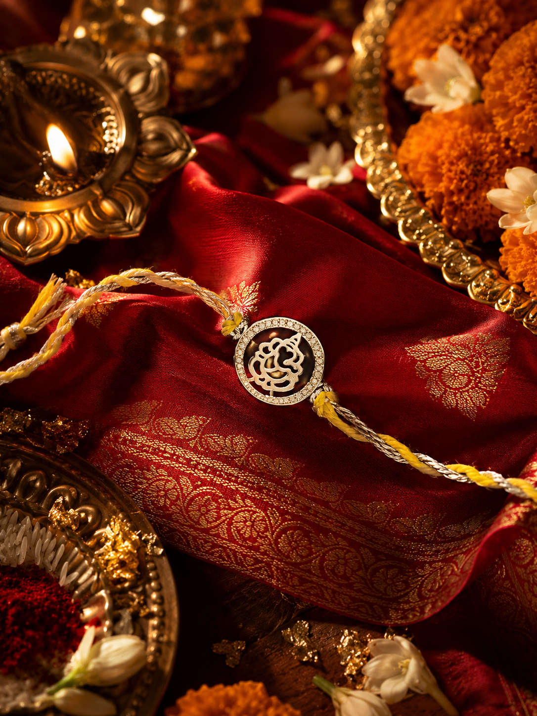 925 Sterling Silver Ganesha Yellow Thread Rakhi for Brother with Roli Chawal