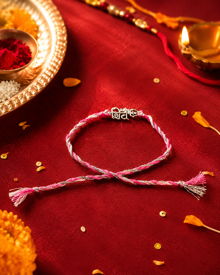 925 Sterling Silver Lord Shiv Pink Thread Rakhi for Brother with Roli Chawal