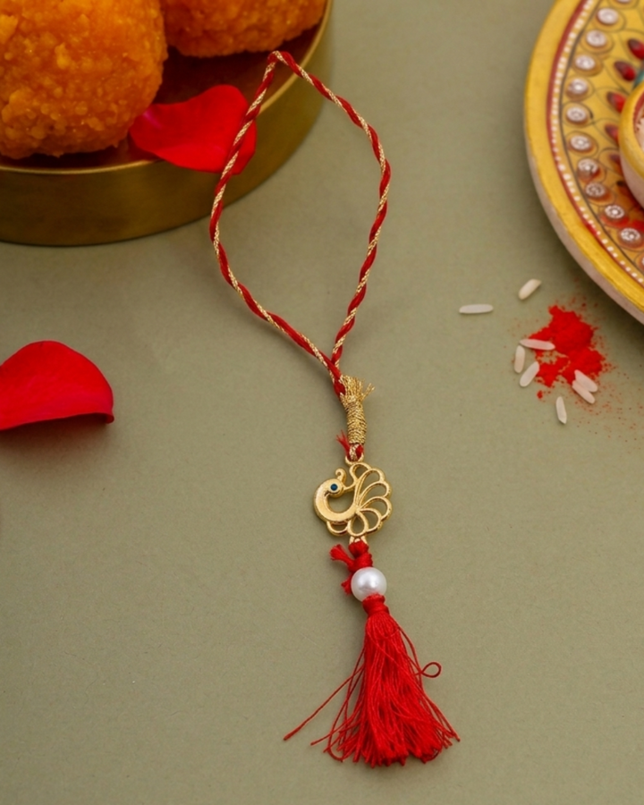 925 Silver 18K Gold Plated Peacock Pearl Lumba Rakhi For Bhabhi