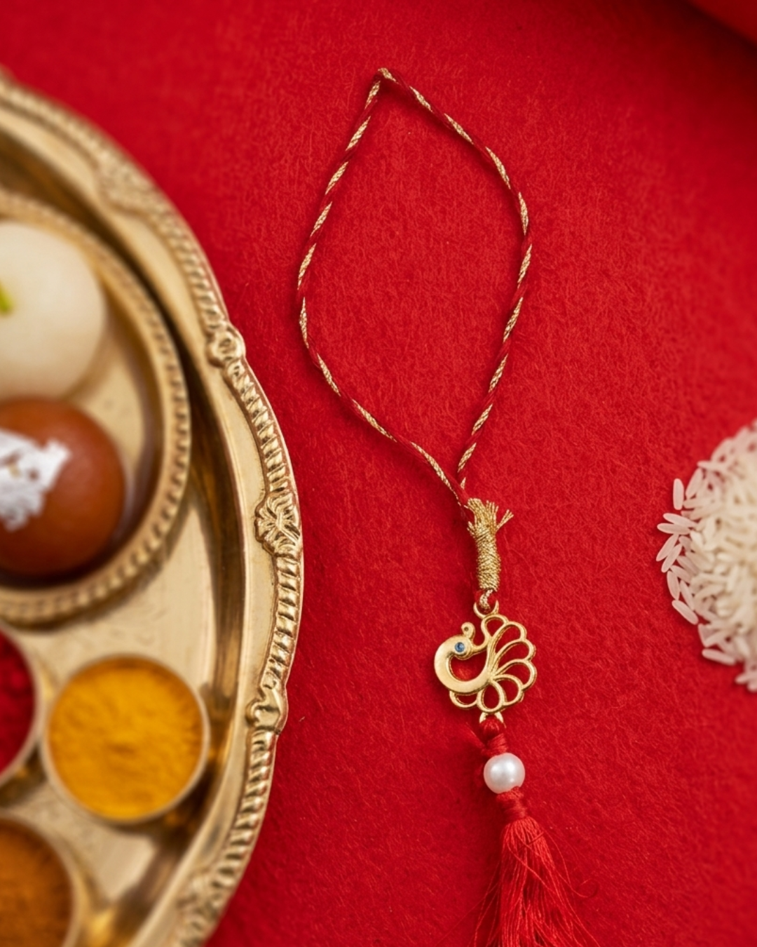 925 Silver 18K Gold Plated Peacock Pearl Lumba Rakhi For Bhabhi