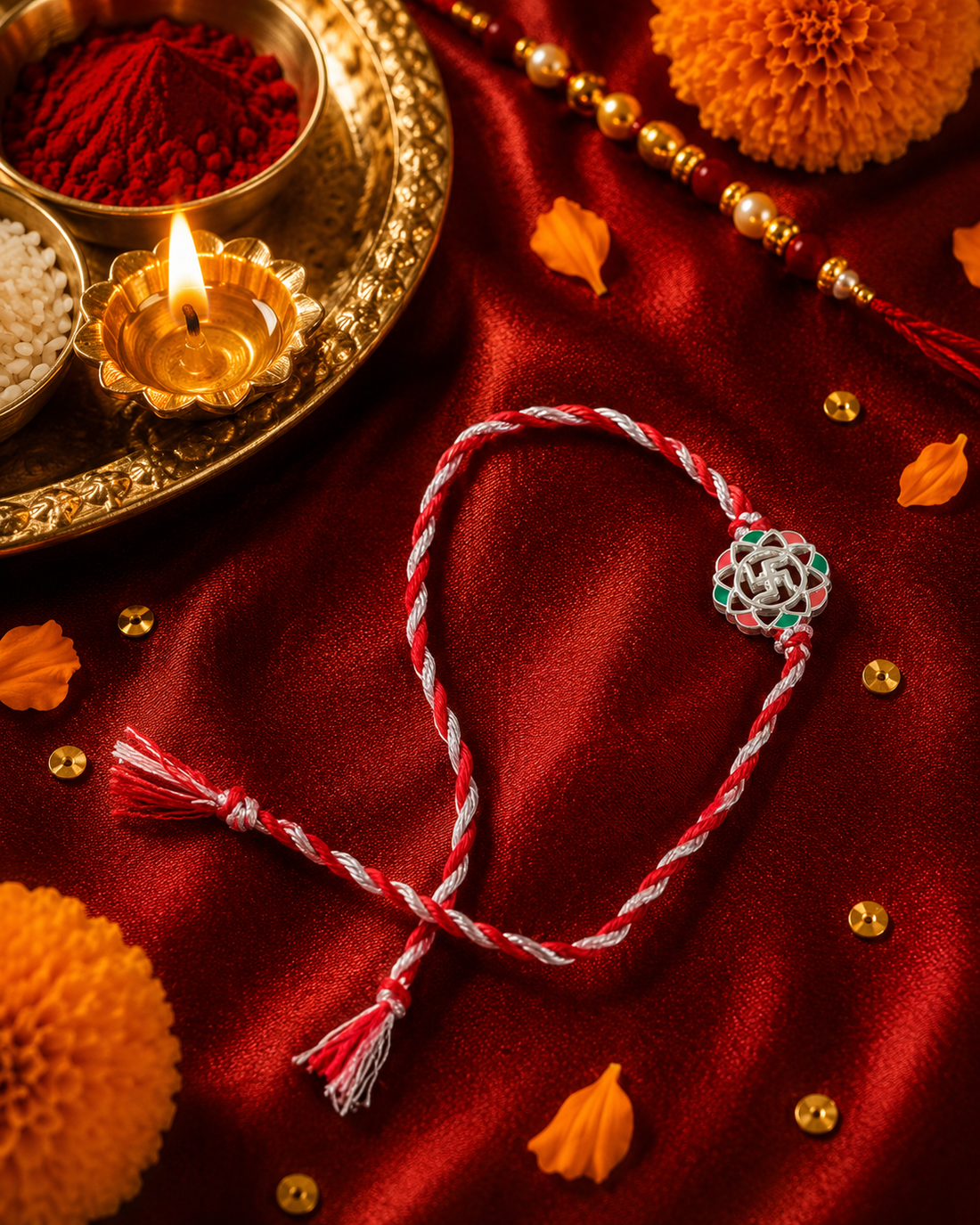 Men 925 Sterling Silver Swastik Red Thread Rakhi with Roli Chawal