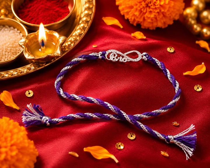 925 Pure Silver Infinity Bro Purple Thread Rakhi for Brother with Roli Chawal