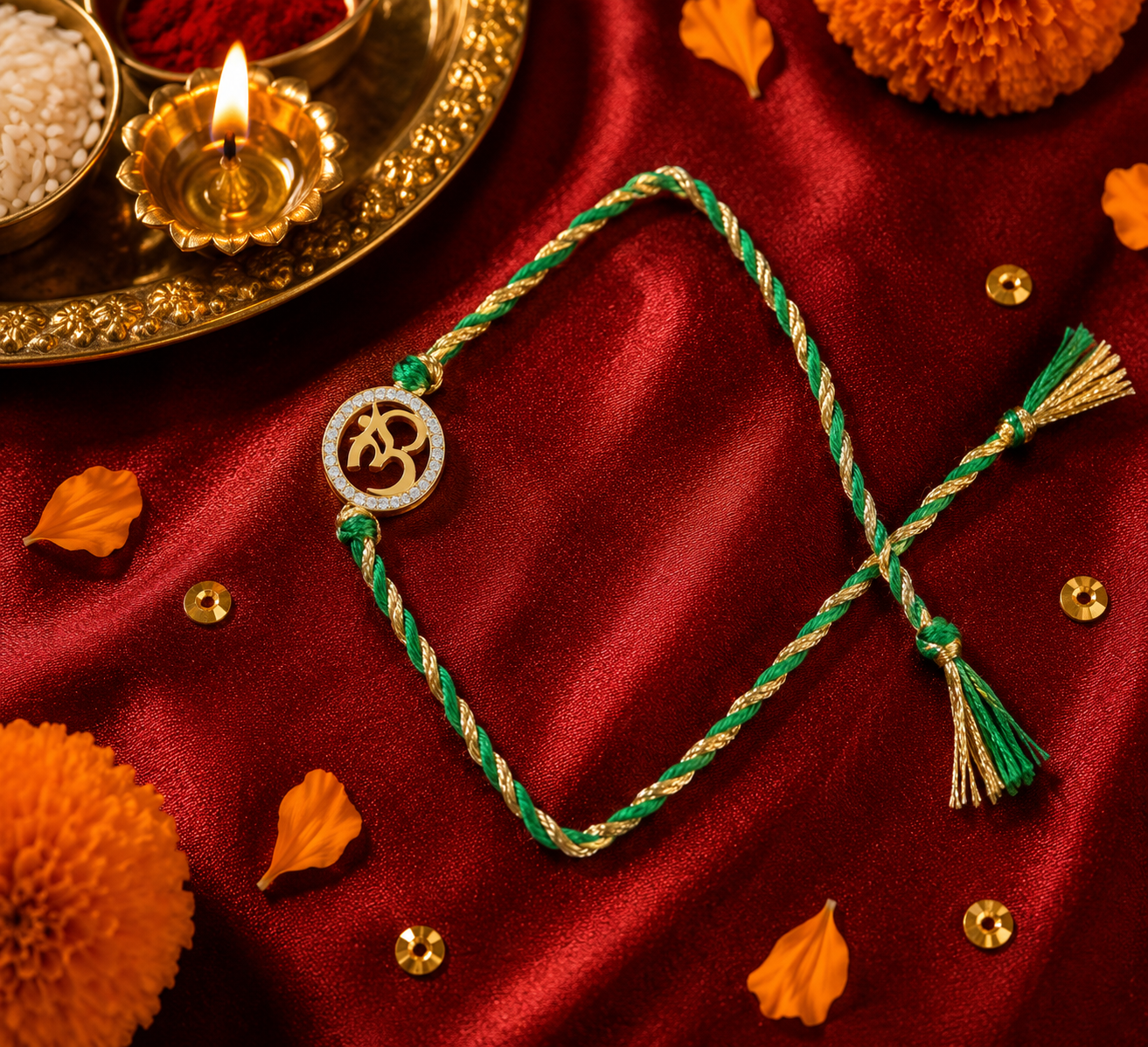 925 Silver 18K Gold Plated Om Green Thread Rakhi for Brother with Roli Chawal