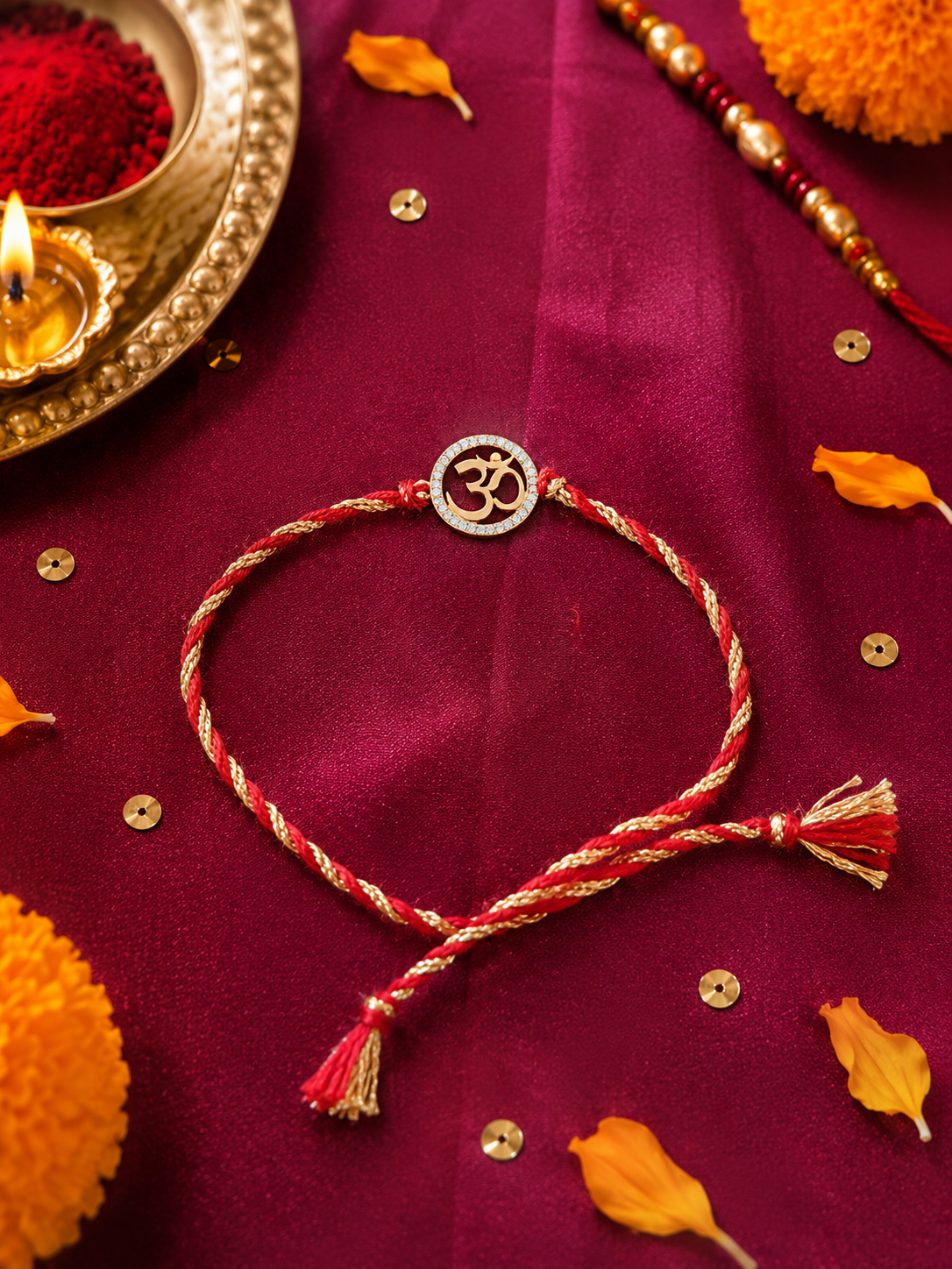 925 Silver 18K Gold Plated Om Red Thread Rakhi for Brother with Roli Chawal
