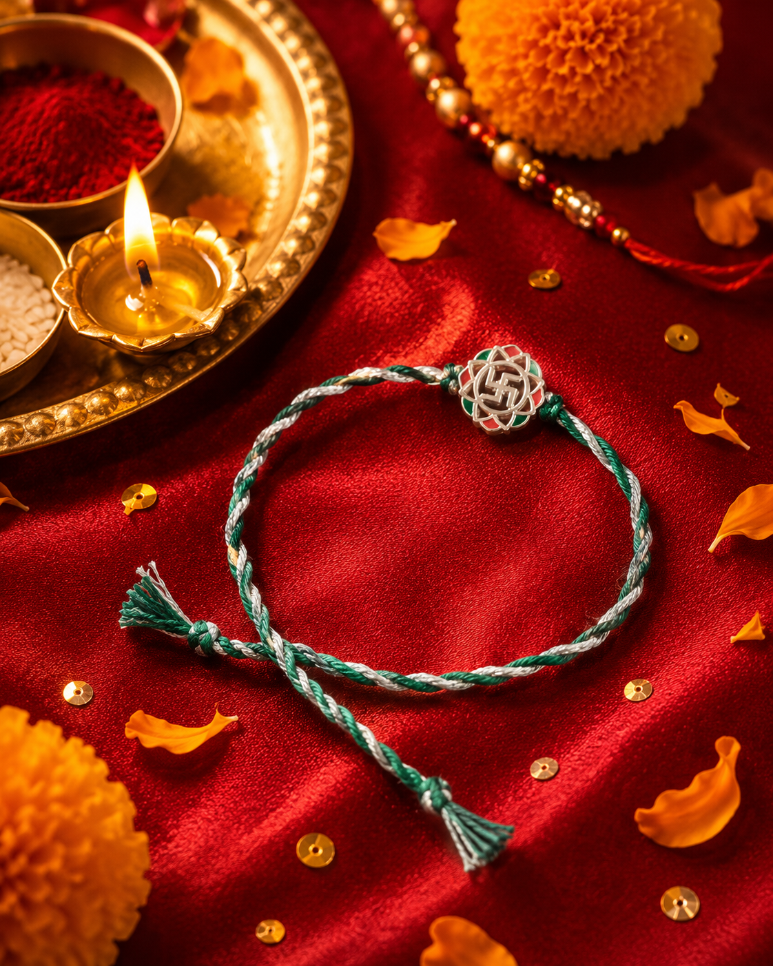 925 Pure Silver Swastik Green Thread Rakhi for Brother with Roli Chawal