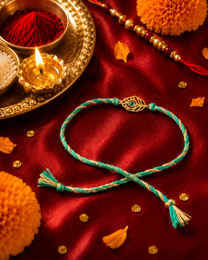 925 Silver 18K Gold Plated Peacock Feather Green Thread Rakhi for Brother with Roli Chawal