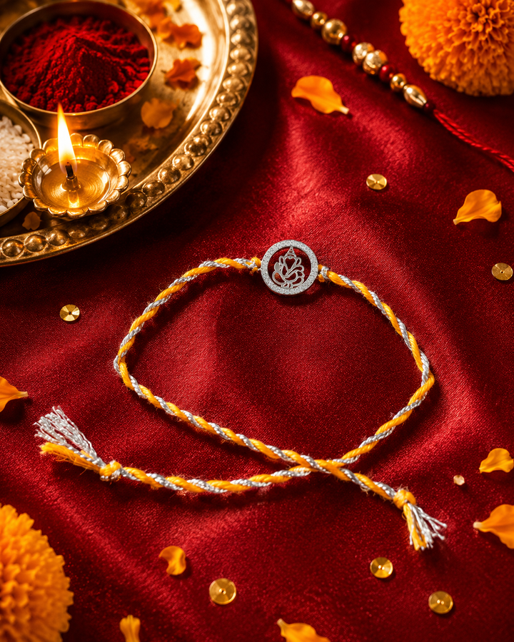 Men 925 Sterling Silver Ganesha Orange Thread Rakhi with Roli Chawal