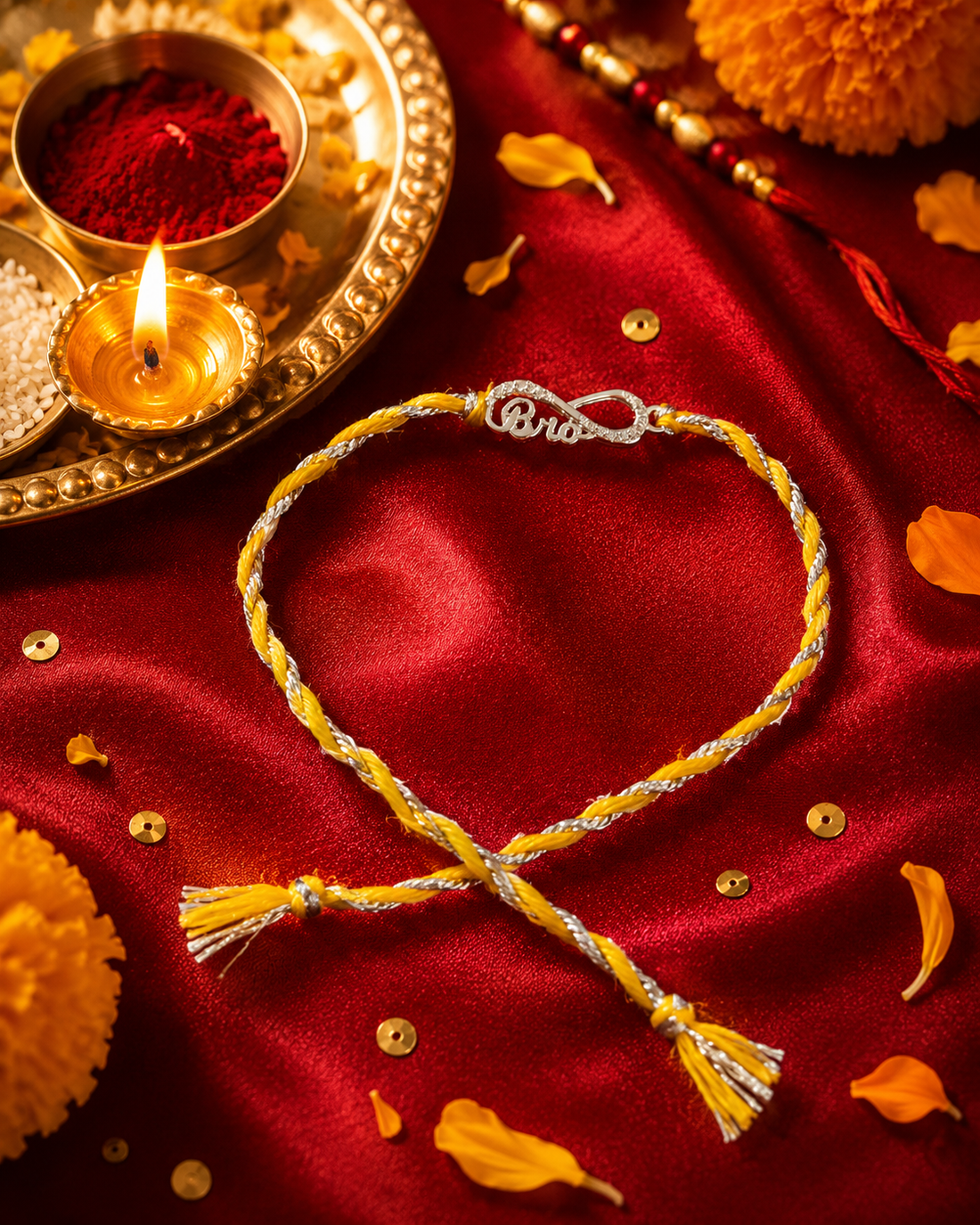 Men 925 Sterling Silver Infinity Bro Yellow Thread Rakhi with Roli Chawal
