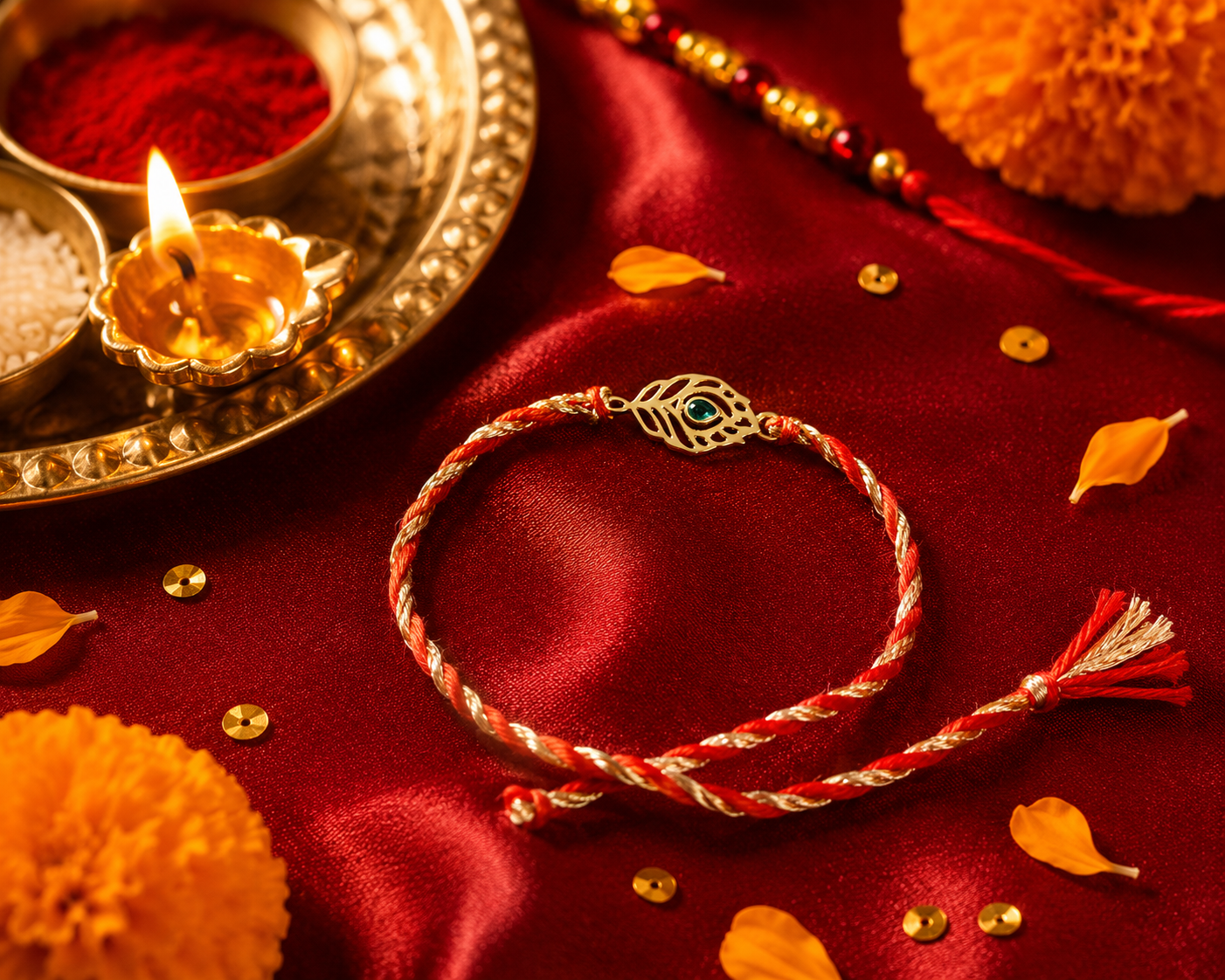 925 Pure Silver 18K Gold Plated Peacock Feather Red Thread Rakhi for Brother with Roli Chawal