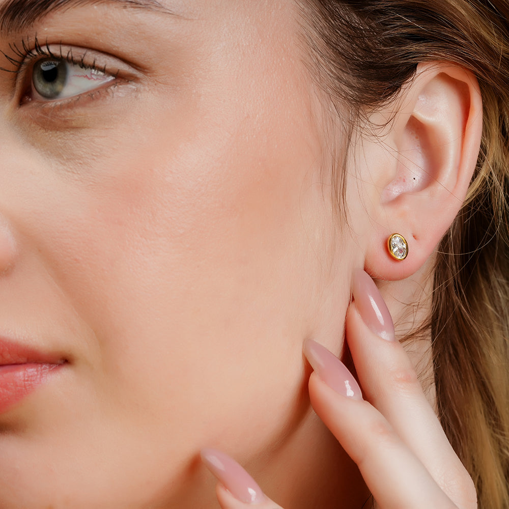 925 Sterling Silver 18K Gold Plated Aura Oval Solitaire Studs