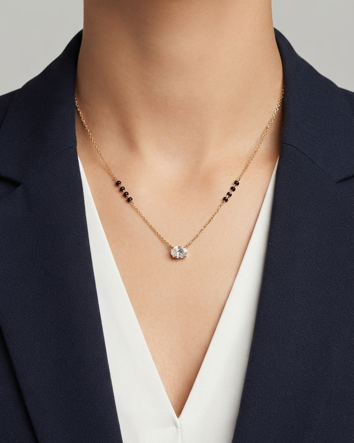 925 Sterling Silver Oval Solitaire 18K Gold Plated Mangalsutra Necklace