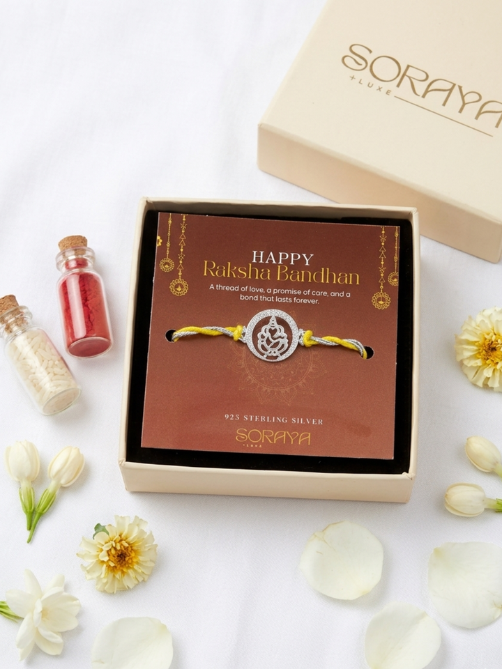 925 Sterling Silver Ganesha Yellow Thread Rakhi for Brother with Roli Chawal