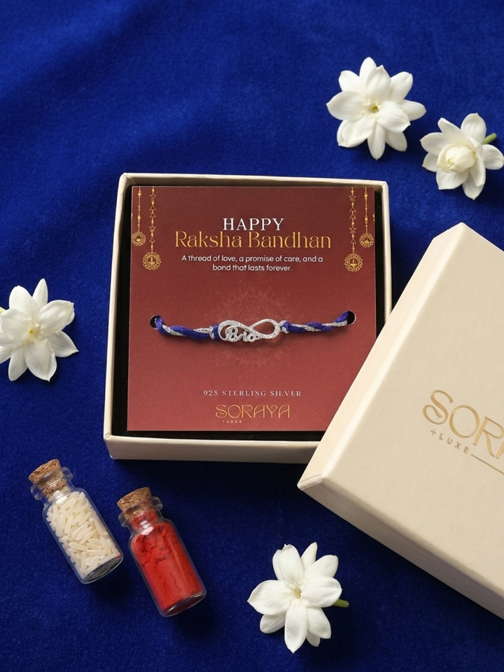 925 Pure Silver Infinity Bro Purple Thread Rakhi for Brother with Roli Chawal