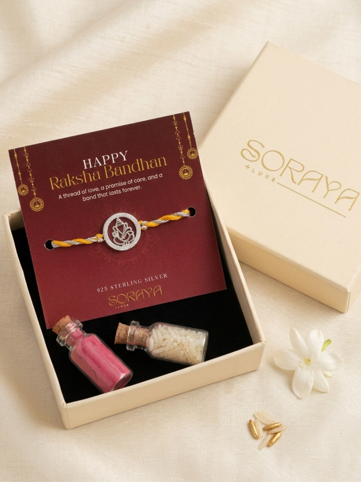 Men 925 Sterling Silver Ganesha Orange Thread Rakhi with Roli Chawal