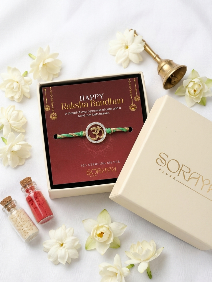 925 Silver 18K Gold Plated Om Green Thread Rakhi for Brother with Roli Chawal