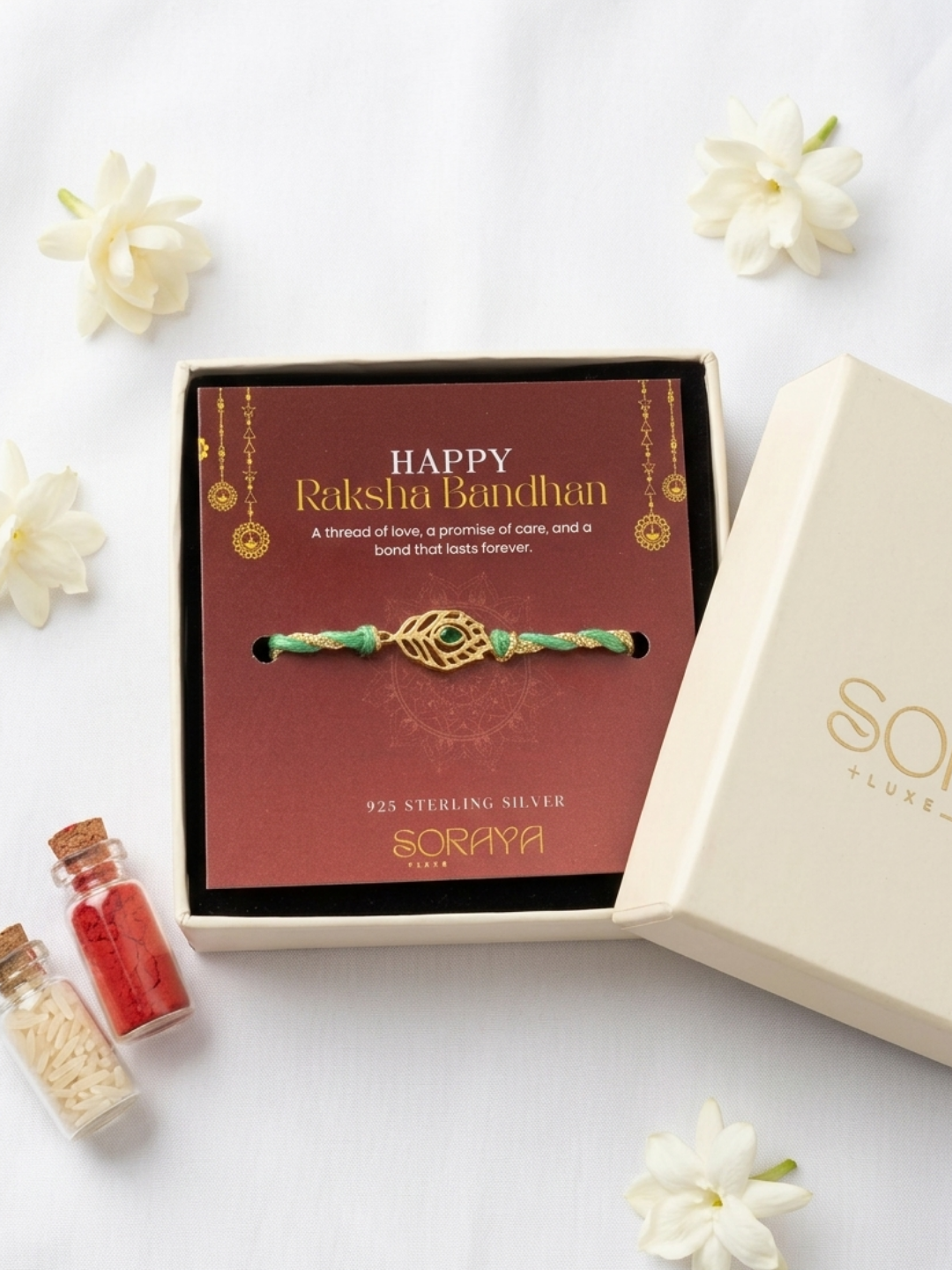925 Silver 18K Gold Plated Peacock Feather Green Thread Rakhi for Brother with Roli Chawal