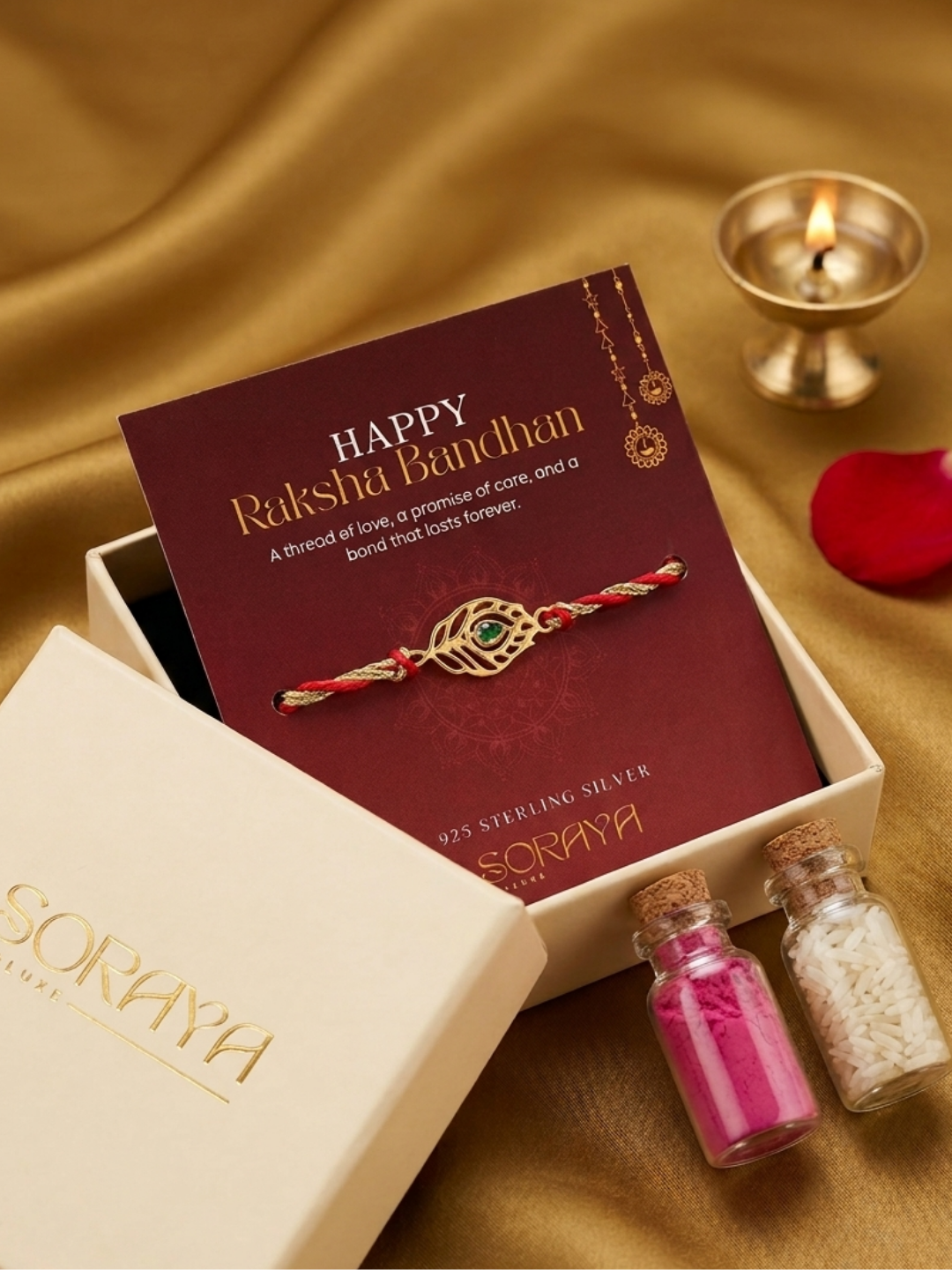 925 Pure Silver 18K Gold Plated Peacock Feather Red Thread Rakhi for Brother with Roli Chawal