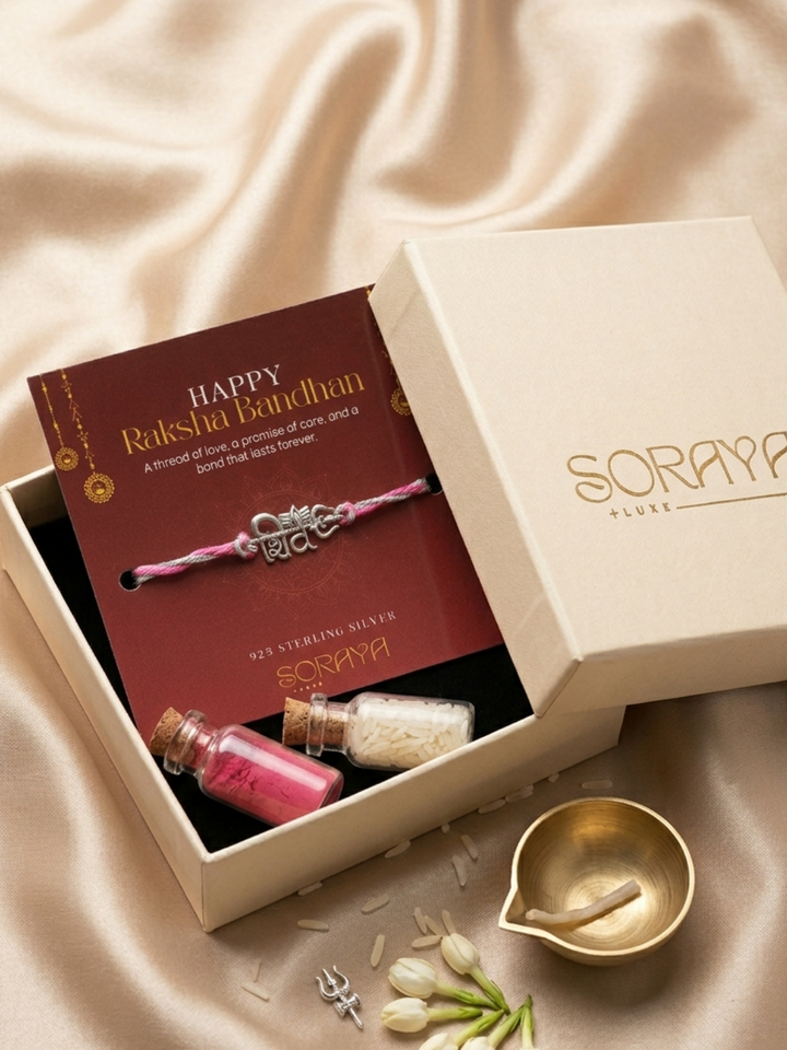 925 Sterling Silver Lord Shiv Pink Thread Rakhi for Brother with Roli Chawal