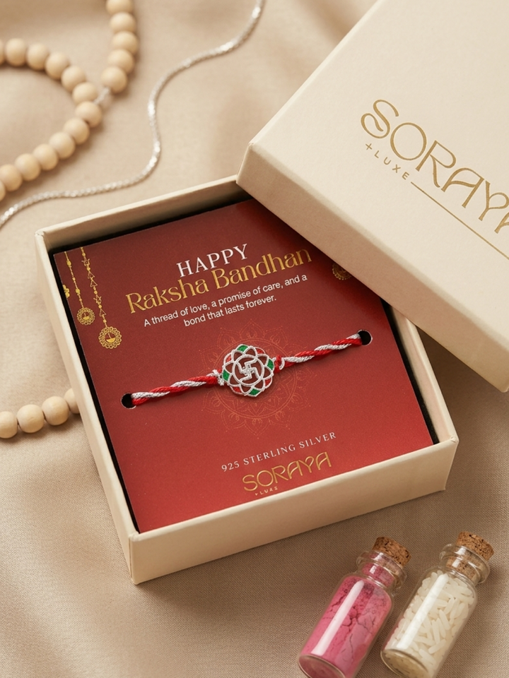 Men 925 Sterling Silver Swastik Red Thread Rakhi with Roli Chawal