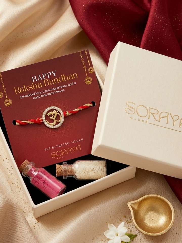 925 Silver 18K Gold Plated Om Red Thread Rakhi for Brother with Roli Chawal